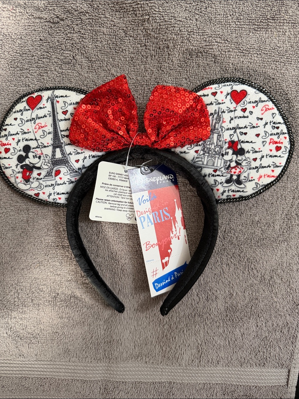 Disney Minnie Mouse Paris Ears Headband with Red Sequin Bow